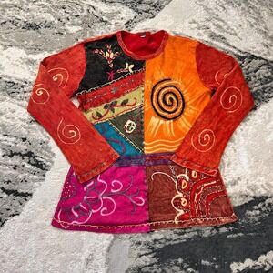 KPC Blouse VTG Top Womens Multicolor Floral Bohemian Patchwork Boho Hippie